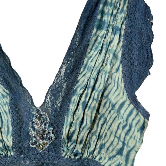 Vintage Y2K Tie Dye Embellished Silk Slip Dress Medium Blue Beaded 2000s Lace - Picture 4 of 9